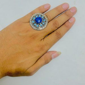 Handmade Kuchi Tribal Ring: Lapis Lazuli & Turquoise Gemstones